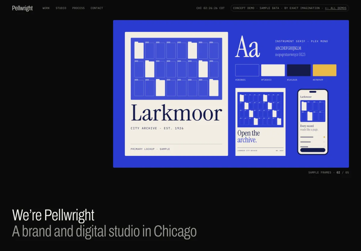 Pellwright Studio home page: a blue identity board for a sample client above “We’re Pellwright”