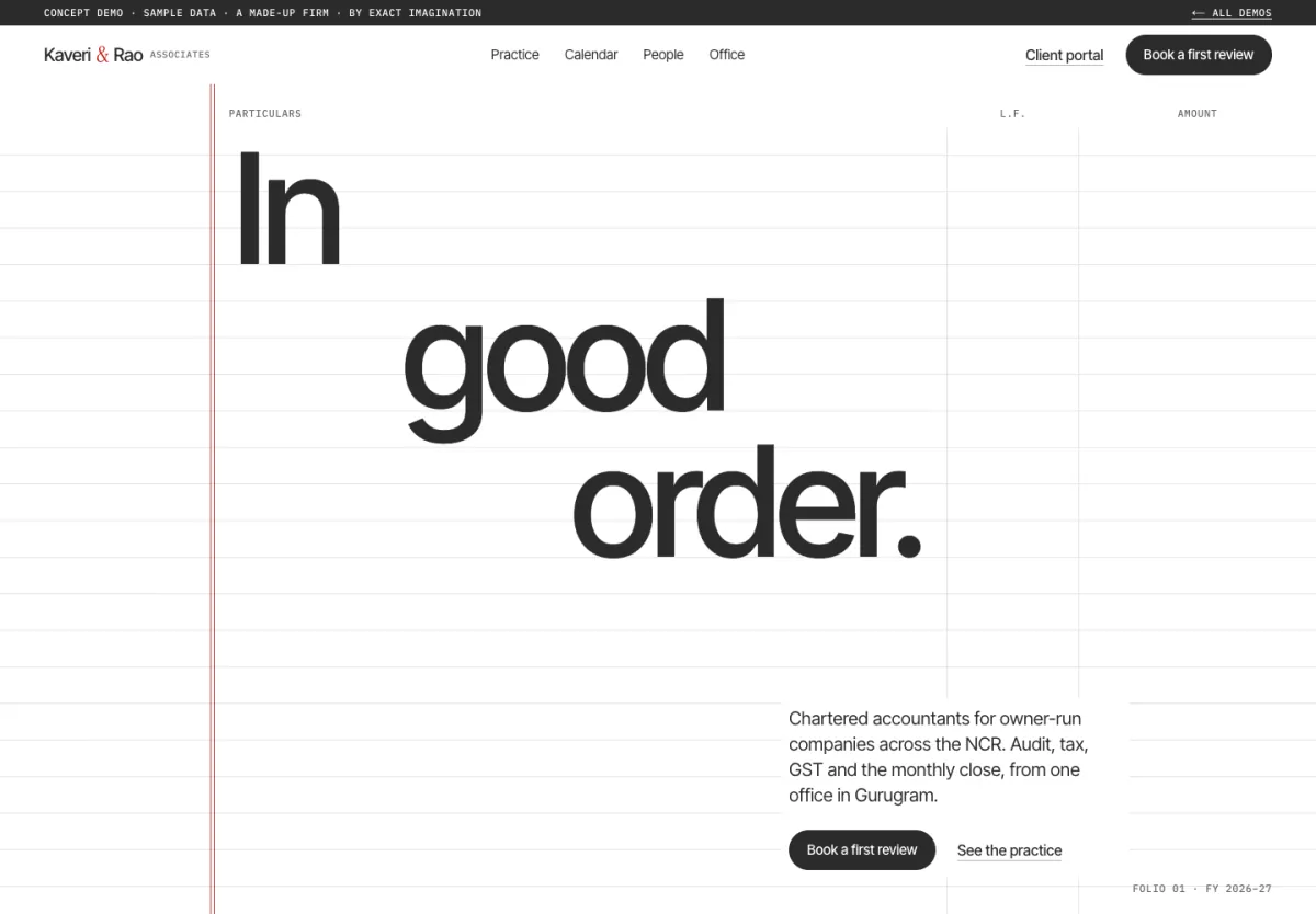 Kaveri & Rao Associates home page: “In good order.” set large on a ruled ledger page