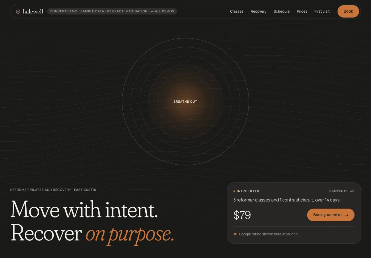 Halewell Studio home page: “Move with intent. Recover on purpose.” on dark ground with an intro offer
