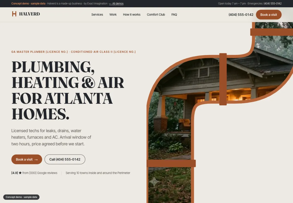 Halverd home page: “Plumbing, heating & air for Atlanta homes” beside a copper pipe framing a house
