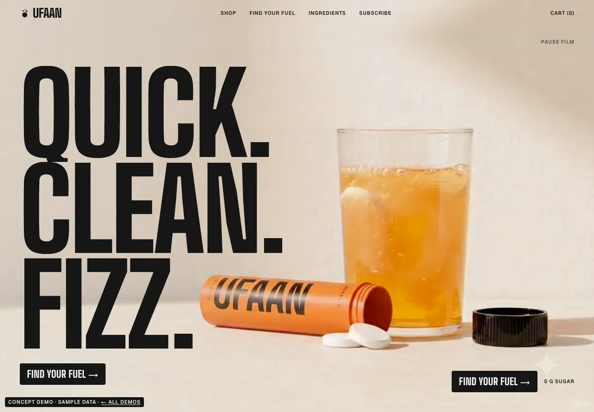 Ufaan home page: “Quick. Clean. Fizz.” beside an orange Ufaan tube in front of a glass of orange drink