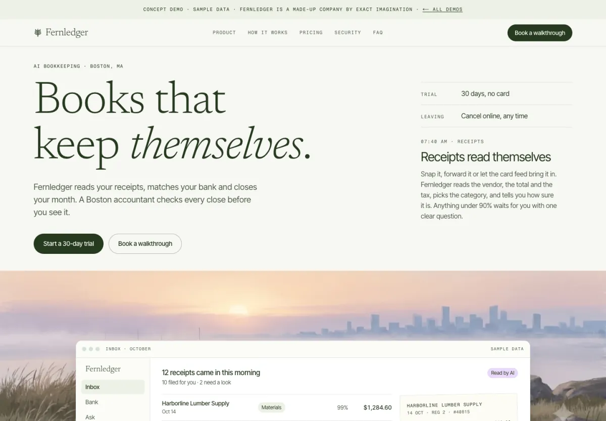 Fernledger home page: “Books that keep themselves” above a product screen with sample transactions